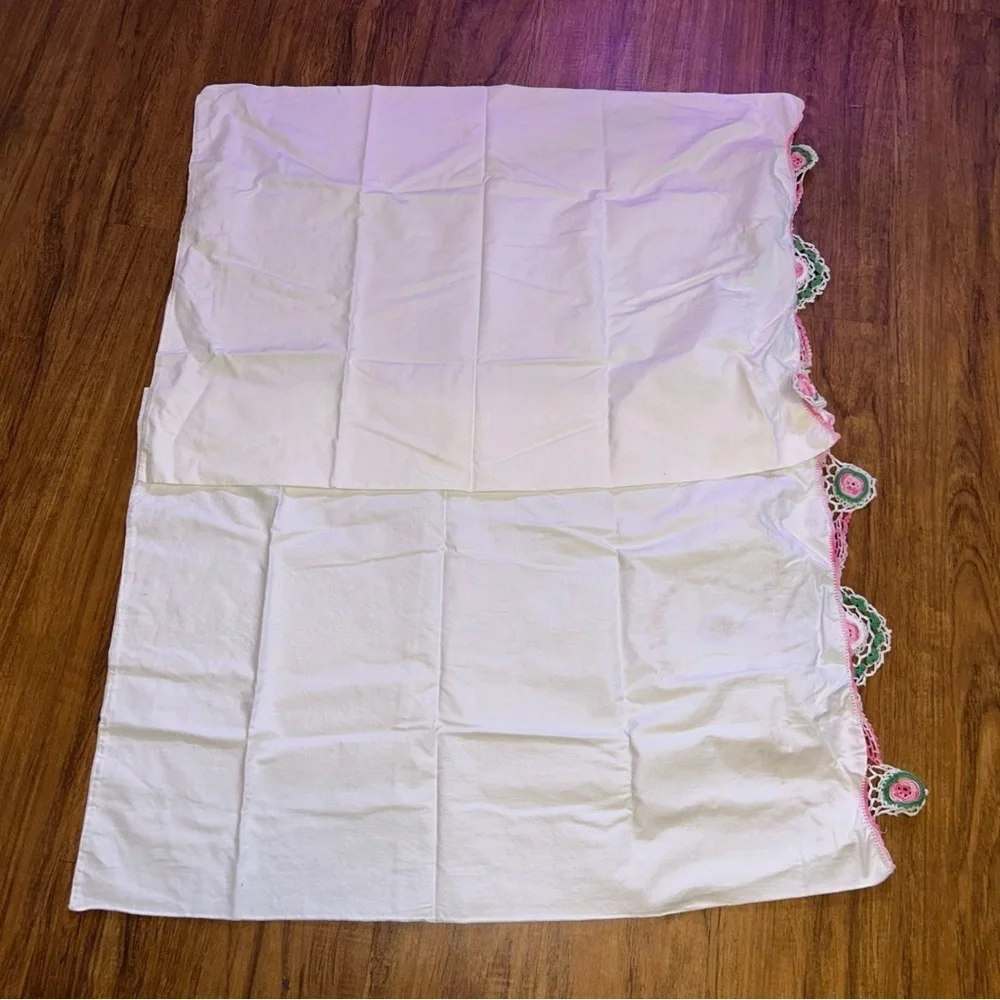 Embroidered Floral White Pillowcases Vintage hand detailed pair